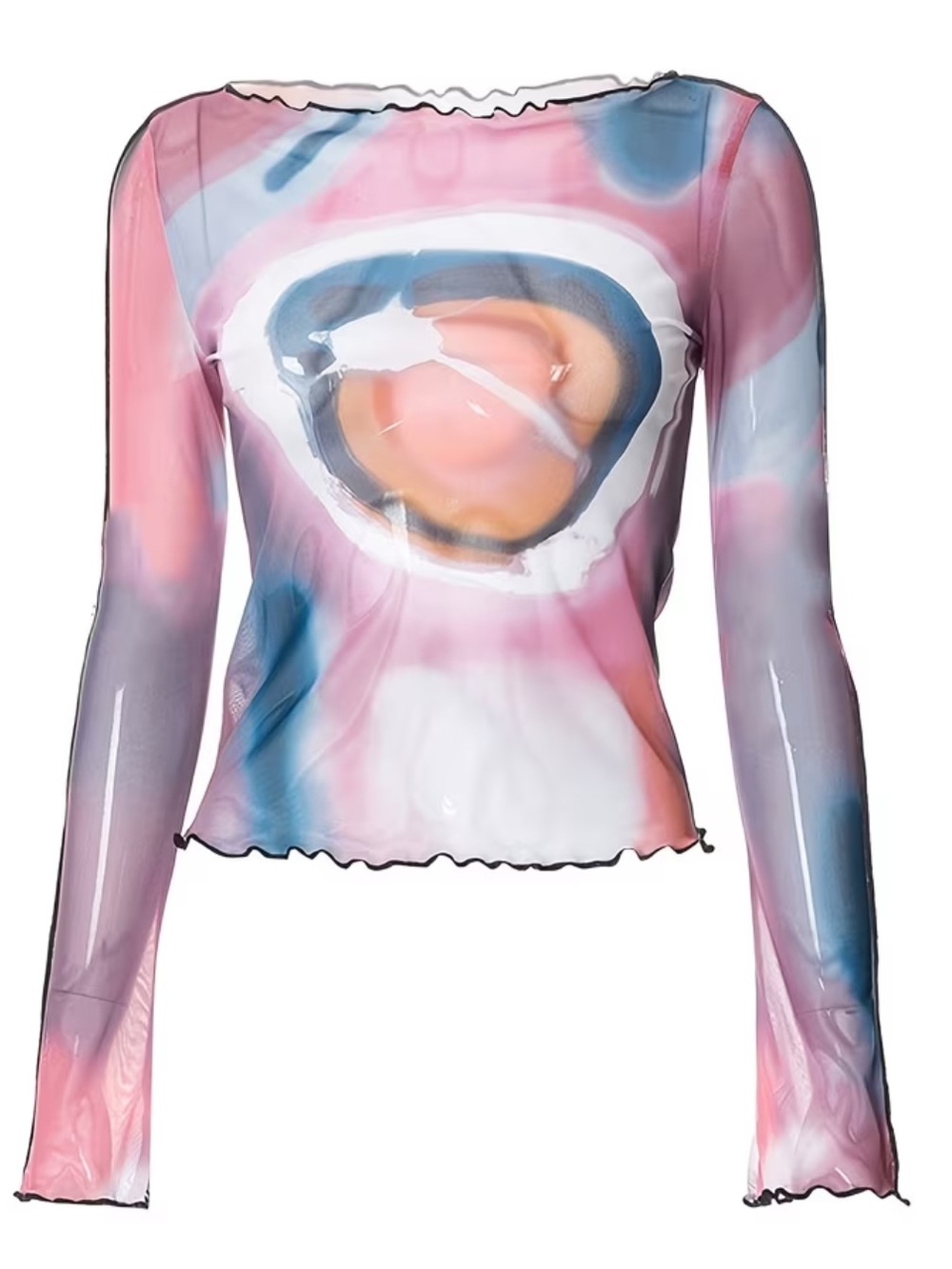 Women's Mesh Semi-sheer T-Shirt, Casual Crew Neck Long Sleeve T-Shirt, Casual - Picture 6 of 6